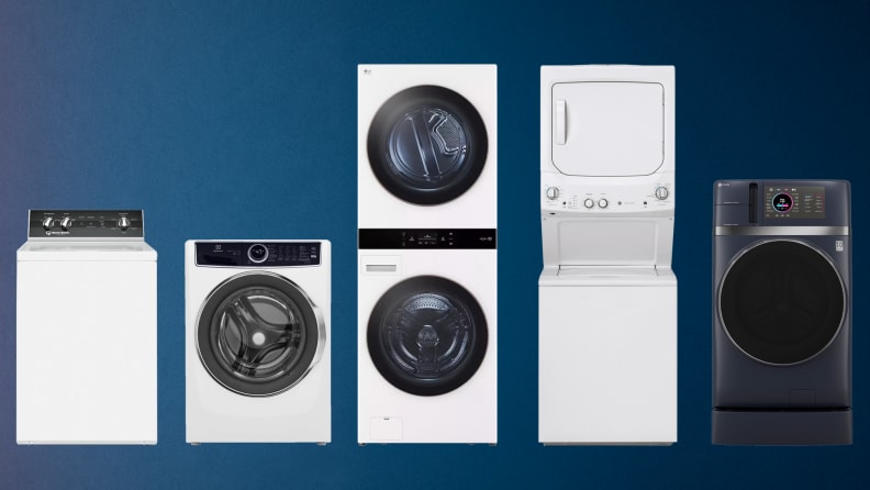 Washing machine types in a line-up: top-load, front-load, stacked, laundry center, and washer-dryer combo