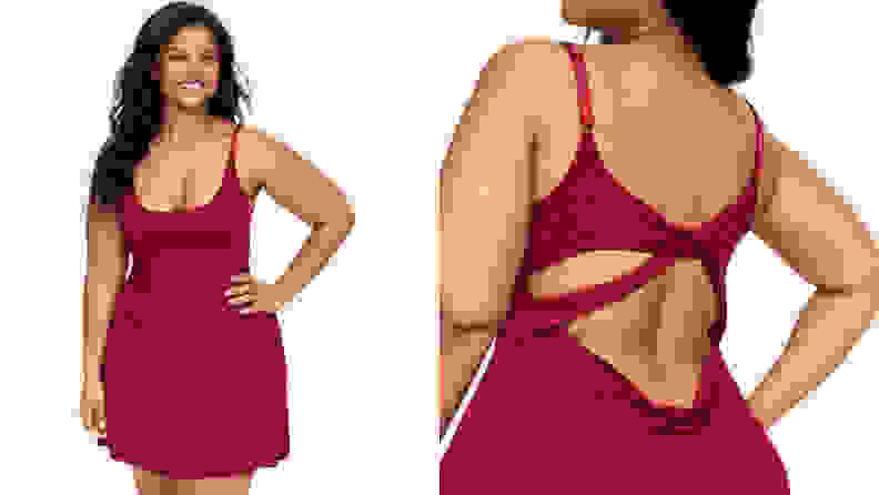 Woman wearing a sexy red nightgown with a cut-out back