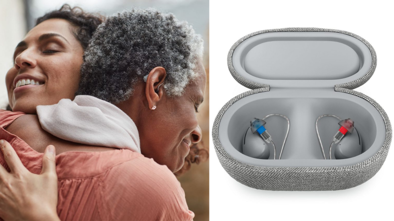 On left, two people hugging. On right, hearing aids in case.