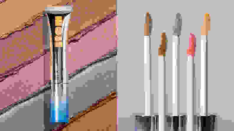 On the left: The Item Beauty Lid Glaze in its silver tube and the background is swatched with five shades of the liquid eyeshadow. On the right: Five Lid Glaze wands of different colors standing up on a gray background.