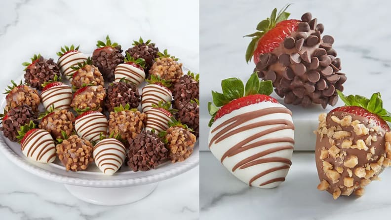 Left: dish of chocolate covered strawberries. Right: close-up of three chocolate covered strawberries with varying toppings.