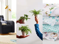 1) A gray stuffed rocking chair in a nursery. 2) Three people hold small potted plants. 3) Close up on a stack of printed crib sheets.