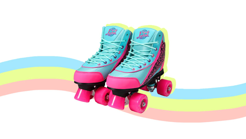 A pair of blue and pink roller skates on a rainbow.