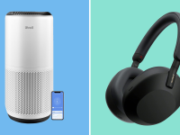 Air purifier and headphones on a colored background
