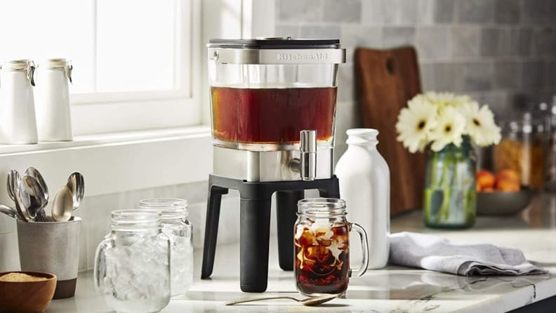 KitchenAid cold brew maker filled with coffee on a kitchen counter