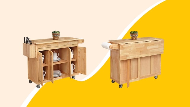 Wooden kitchen island on wheels with cabinet doors open.