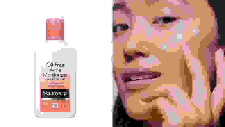 On the left: A bottle of pink and white moisturizer. On the right: A person applying moisturizer to their face.