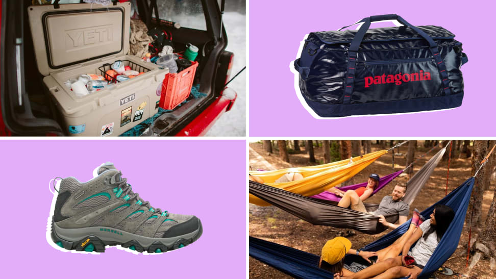 Yeti cooler, Merrell hiking boots, Patagonia bag, people in hammocks
