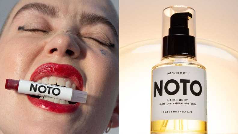 close up on a white person with their eyes closed and lips painted bright red with a Noto lipstick in their teeth, next to a backlit yellow image of Agender Oil