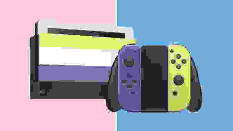 A Nintendo Switch with the nonbinary flag skin.