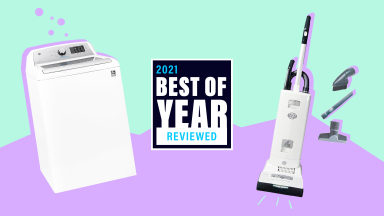 A dishwasher and vacuum on a teal and purple background with the text, "2021 Best of Year Reviewed"