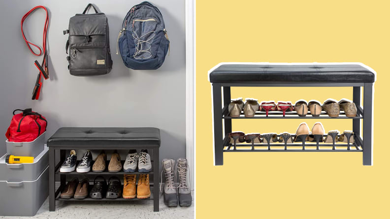 On the left, the shoe rack seat inside the house is stocked with assorted shoes.  In the right product shot of the Simplify shoe rack seat.