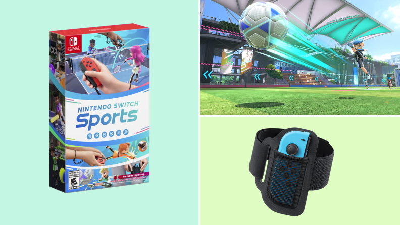 On left, box packaging for the Nintendo Switch Sports game. On right, screenshot from the Ninetendo Switch Sports game. On bottom right, black arm band with Nintendo switch remote.