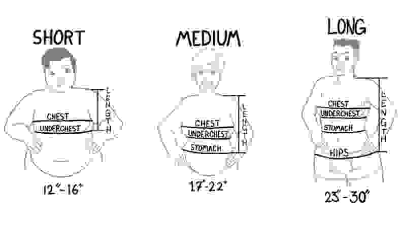 A black and white graphic showing different body sizes and shapes' measurements.