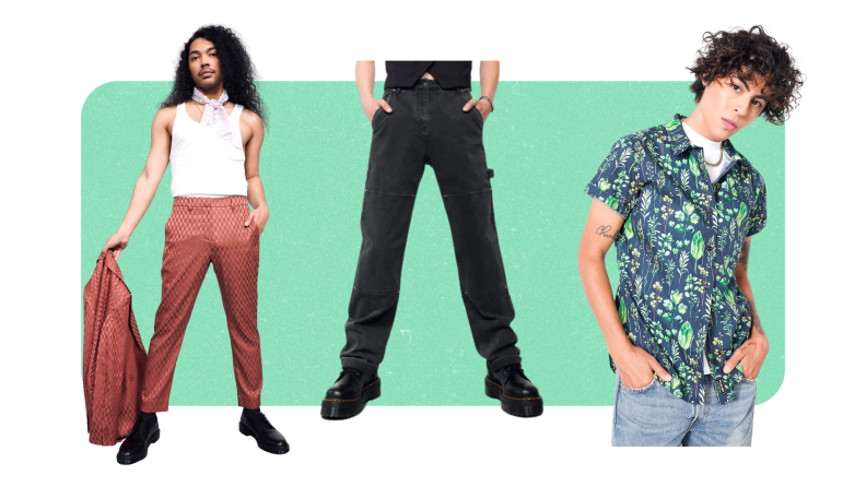 Black work pants, a botanical print short-sleeve button-up shirt, and pants with a metallic checkered weave.
