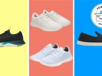 Colorful collage of popular sneakers featured in the Allbirds sale, including lightweight knit and wool styles for summer.