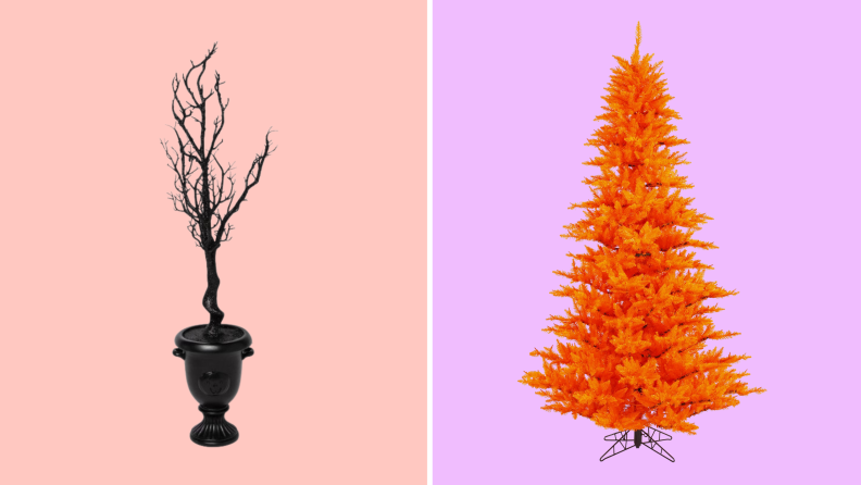 A split image of a black Halloween tree from Target and an orange Halloween tree from Walmart.