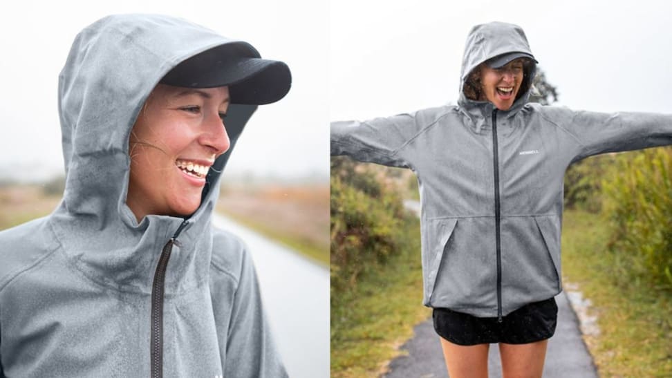 Left: Close-up of Merrell Whisper Rain Jacket hood; Right: Merrell Whisper Rain Jacket in Rain