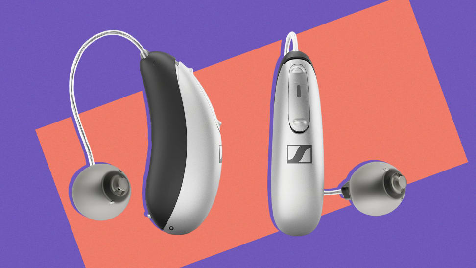 The Sennheiser All-Day Clear OTC Hearing Aids in front of a colored background.