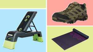 Product shots of the Escape Fitness USA Deck V2.0 Workout Platform, the Merrell Moab Vent 2 hiking shoe and the patterned Gaiam Premium Yoga Mat.