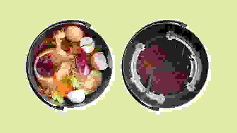 Left: container full of food scraps. Right: container full of dirt
