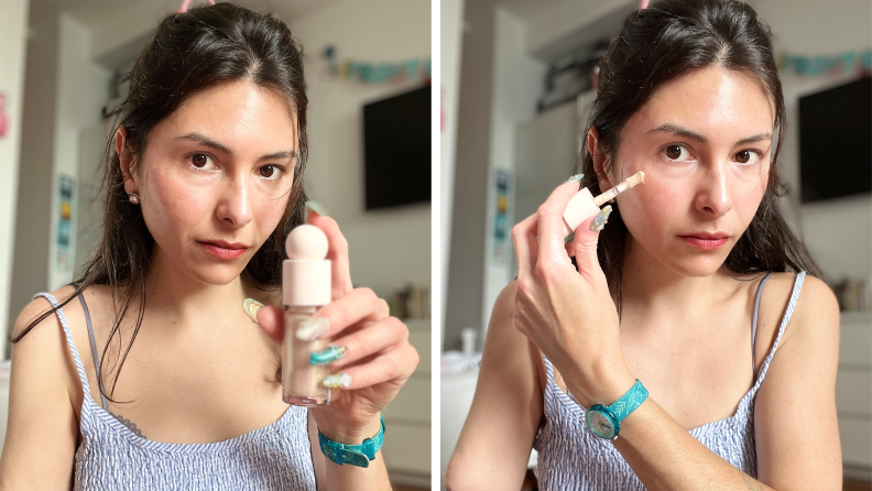 The author testing out Rare Beauty products.