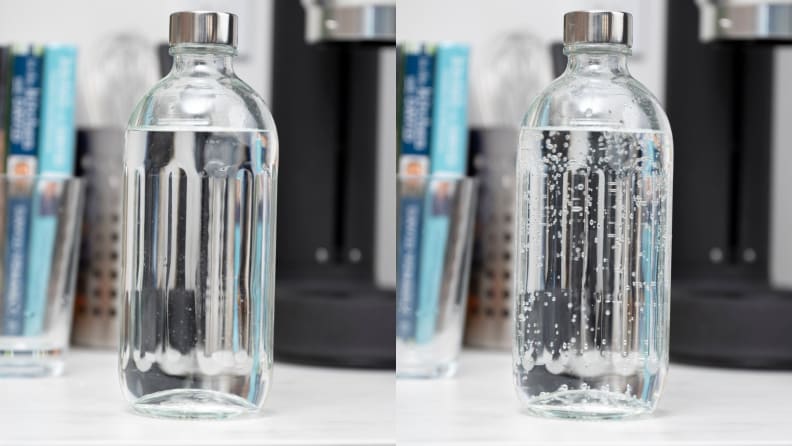 Two images of a bottle of flat water and carbonated water.