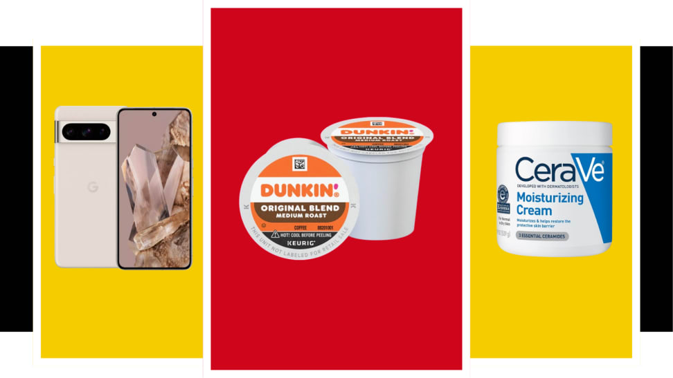 Pixel 8 Pro, Dunkin K-cups, and CeraVe against yellow, red, and black background