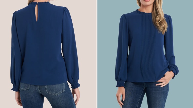 Front and back views of a model wearing a pleated navy blouse.