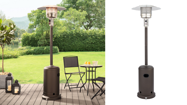 This image offers two photographs of the same device: a patio heater for your keeping your patio area warm. At a glance, it looks like a stainless-steel outdoor lamp.