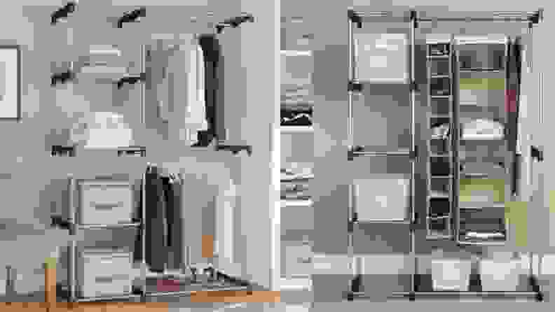 Side-by-side images of a closet organizer in two different rooms