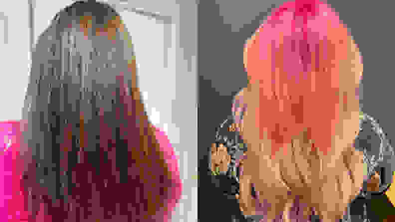 On the left: The back of someone's head with long, straight, dark blond hair. The back of a person's head with long, wavy, hair that goes from hot pink to pastel pink.