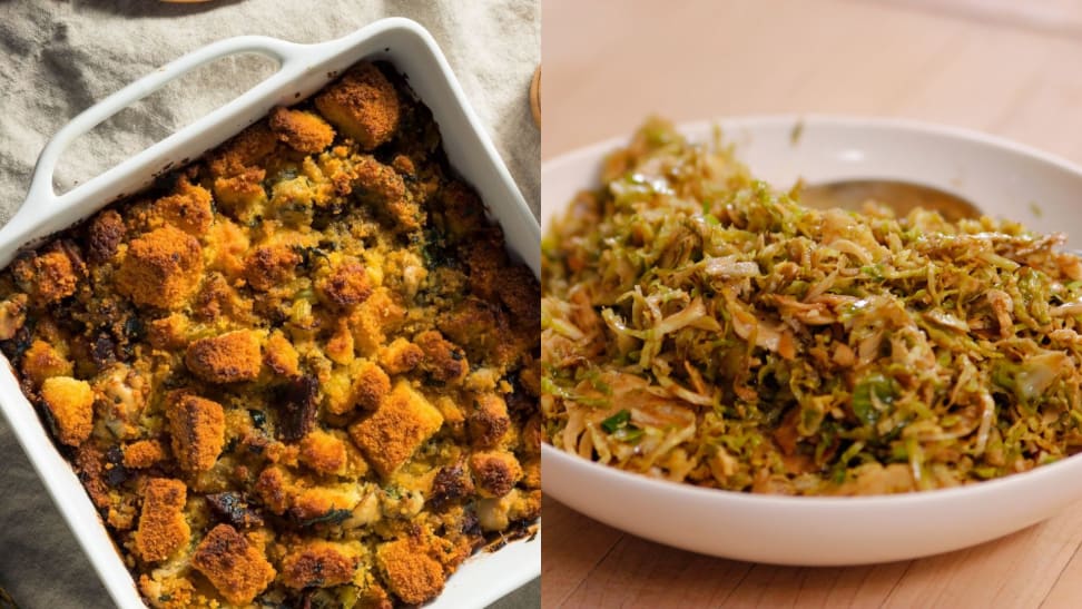 On left, bread stuffing in a casserole dish. On right, shredded Brussels sprouts in white bowl.