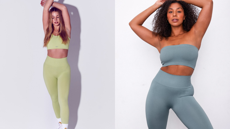 woman wearing monochrome green workout tube top and sweatpants, woman wearing monochrome blue tube top and sweatpants