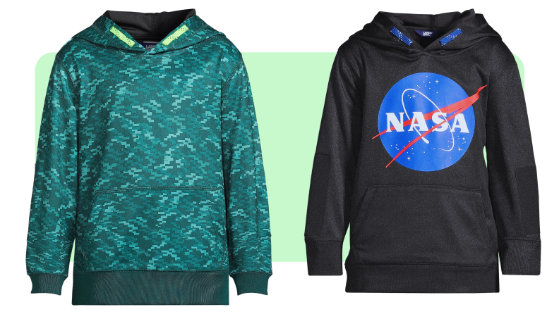 Two sweatshirts: One NASA and one green. Both hoodies.