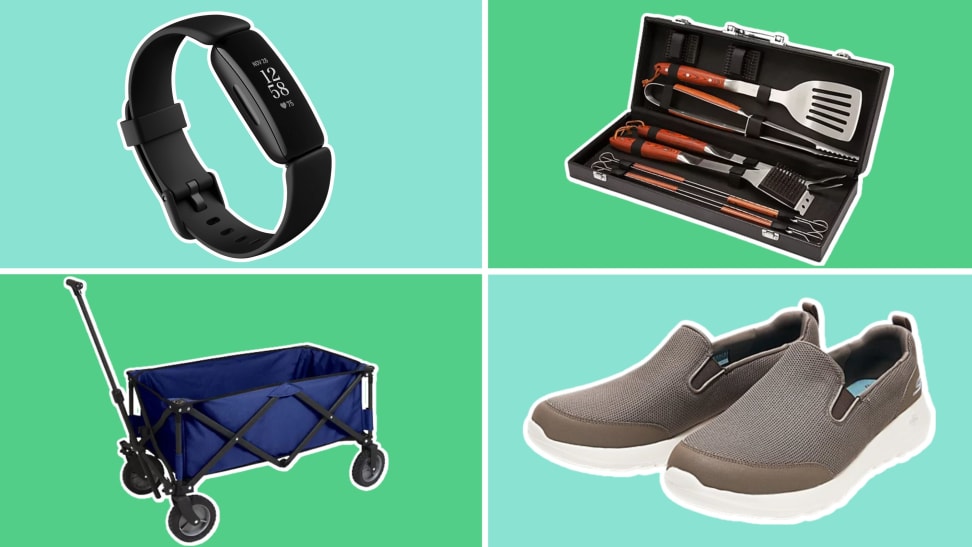 blue wagon, tan slip on shoes, grilling set, and black fitbit watch