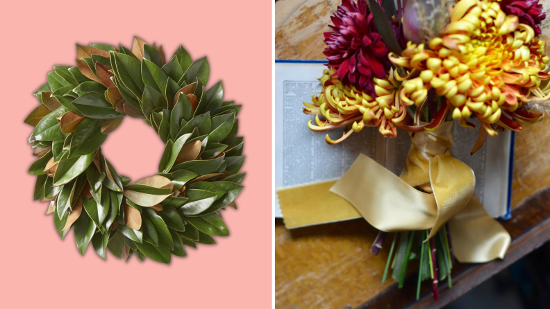 A wreath and a set of flowers bundled in gold velvet ribbon.