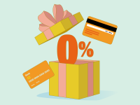 一幅插图，以礼品盒打开，显示一个零利率符号和两张信用卡。