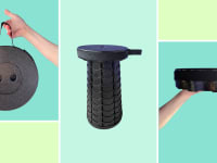 Three different images of the Giraffe Creation Telescopic Stool on a teal and green background.