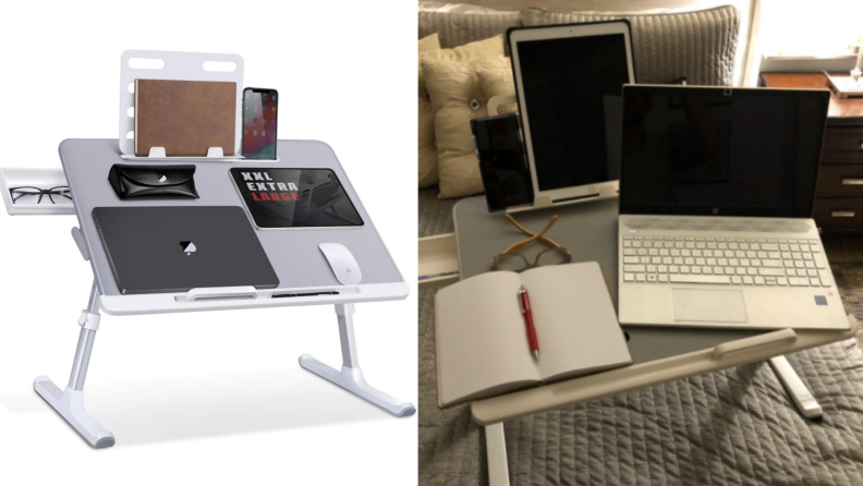 Saiji lap desk on white background / Saiji lap desk on a bed with laptop and notebook on it.