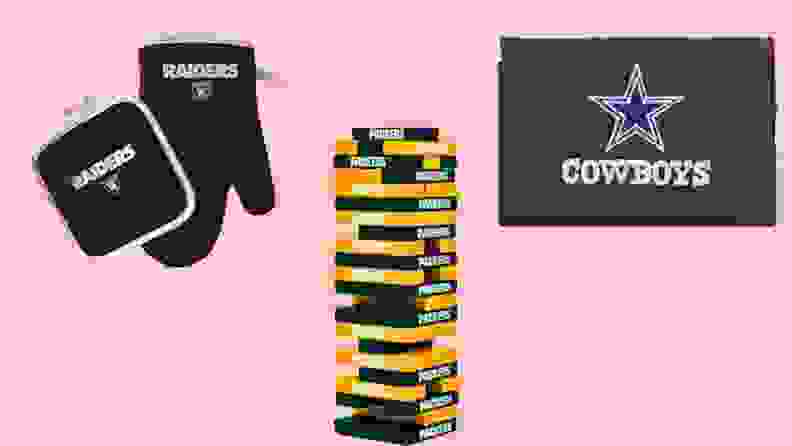 Pink graphic with images of NFL memorabilia