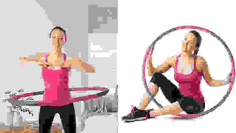 A woman using the hula hoop.