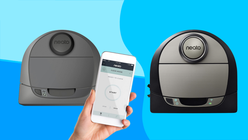 Two robot vacuums from Neato next to compatible smartphones.