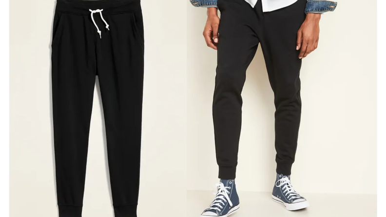 An image of a pair of black joggers alongside an image of a man wearing the same joggers.
