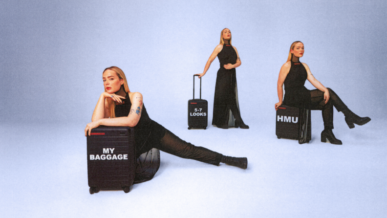 Designer Willie Norris is seen posing on and near Away brand luggage that has been printed with the words “My Baggage,” “5-7 Looks,” and “HMU.”