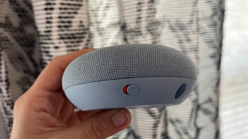 A photo showing the mic mute button for the Google Nest Mini