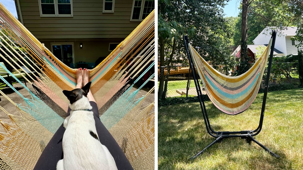 On left, a collage of a person resting inside of the colorful knitted Yellow Leaf Hammock with a dog on their lap outdoors. On right, a colorful knitted Yellow Leaf Hammock outdoors on a sunny day.