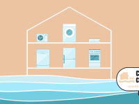 Cartoon graphic of household appliances inside of home with sea levels rising outside.