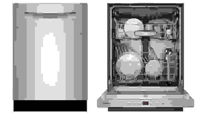 A side-by-side shot of two Bosch 500 Series dishwashers, one with the door closed, one with it open.