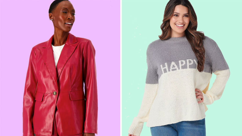 An image of a person wearing a bright red faux leather blazer next to an image of a person wearing a colorblock sweater in gray and cream that reads "Happy."